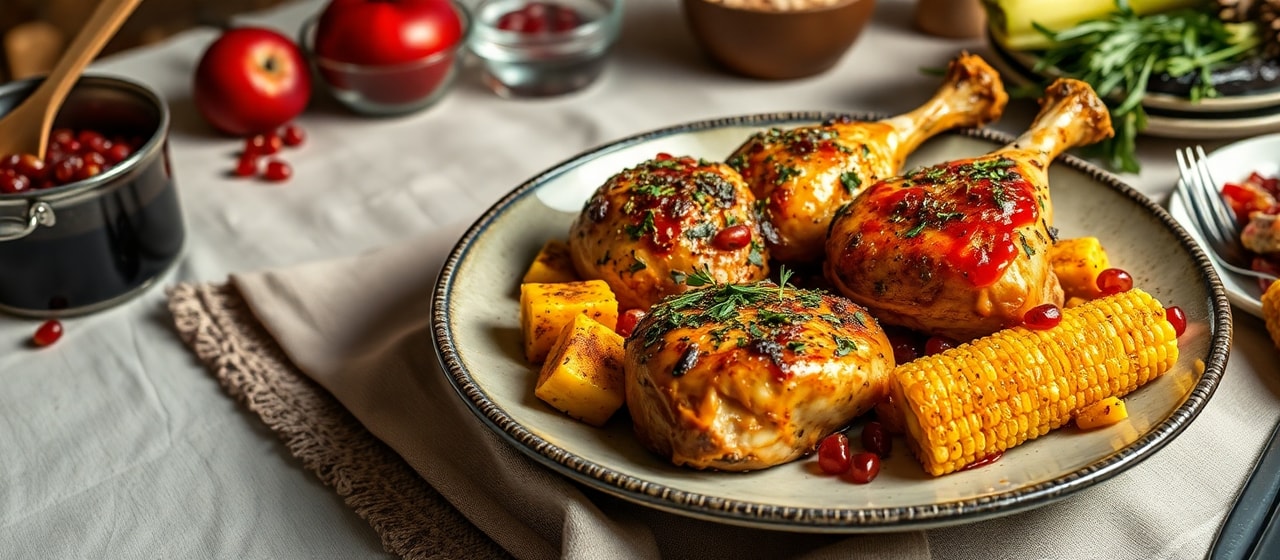 Tandoor-Baked Pomegranate-Glazed Herb Crusted Chicken with Charred Corn
