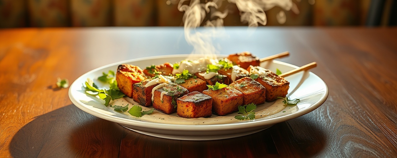 Tandoor-Baked Seitan Skewers with Mediterranean Herbs and Tahini Dressing