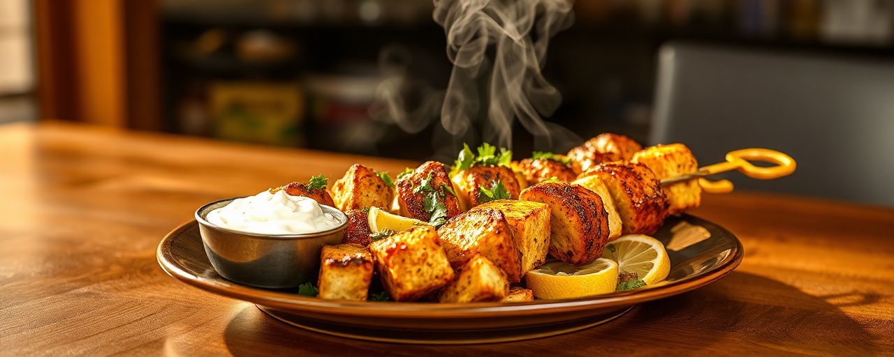 Tandoor-Baked Tempeh Shish Taouk Skewers