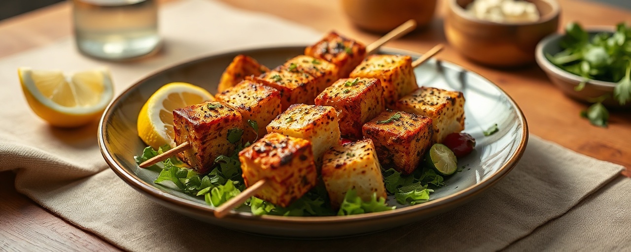 Tandoor-Baked Tempeh Shish Taouk Skewers