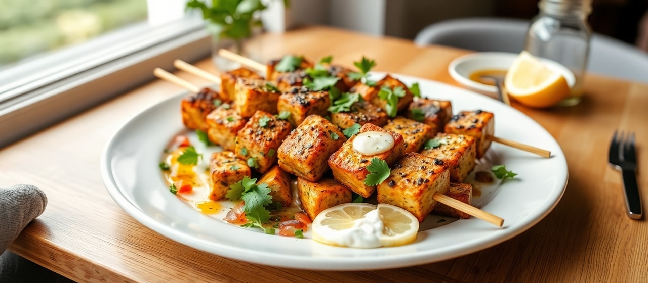 Tandoor-Baked Tempeh Shish Taouk Skewers
