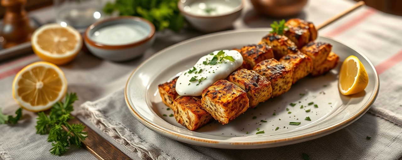 Tandoor-Baked Tempeh Shish Taouk Skewers