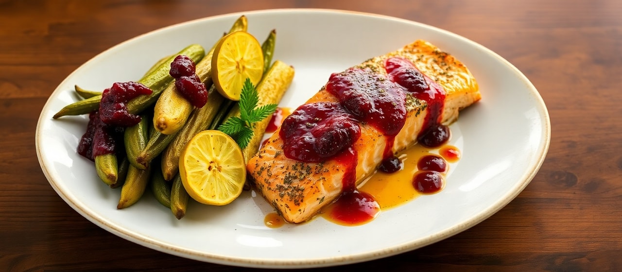 Tandoor-Style Baked Salmon with Herb-Crusted Green Plantains and Lingonberry Glaze