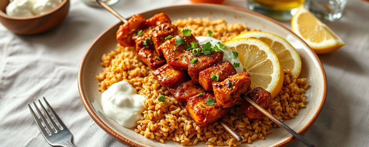 Tandoori Cajun Seitan Skewers with Dirty Rice