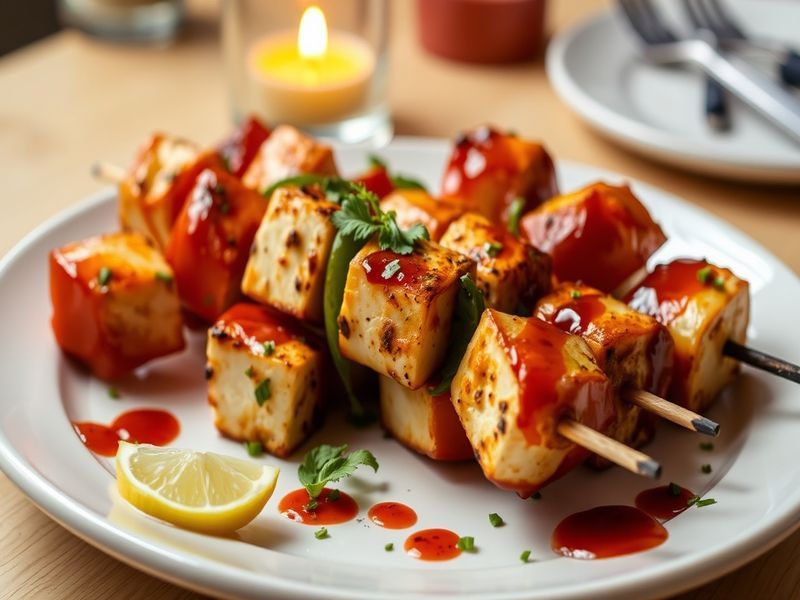 Tandoori Paneer and Bell Pepper Skewers with Spicy Mint Glaze