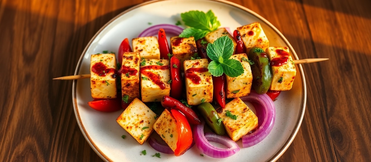 Tandoori Paneer and Bell Pepper Skewers with Spicy Mint Glaze