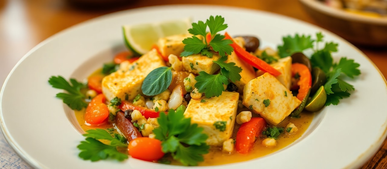 Tempeh Assado com Vegetais Tropicais e Molho de Maracujá
