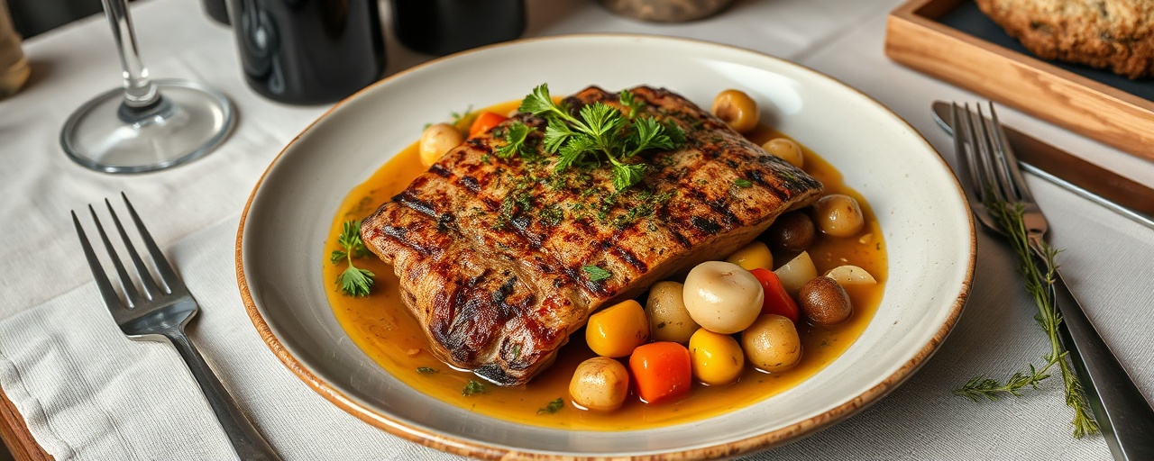 Tempeh Rôti à la Flamme, Sauce aux Herbes et Légumes du Soleil