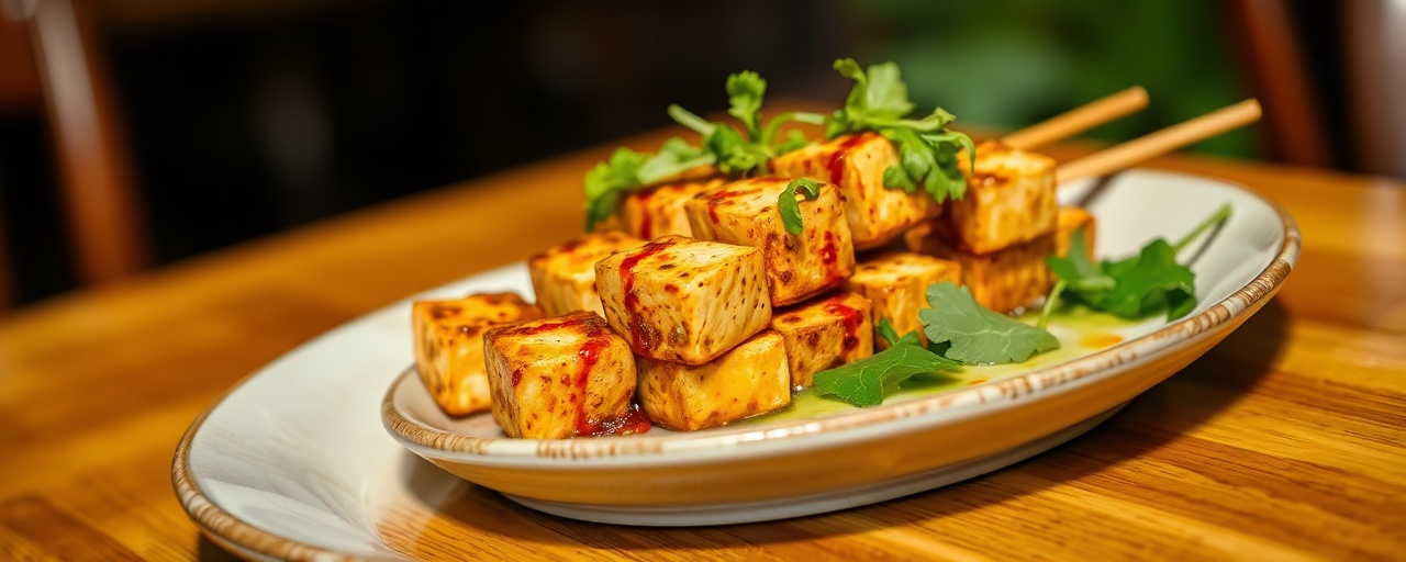 Thai Fermented Chili Tahini Tofu Skewers with Kaffir Lime Coconut Greens