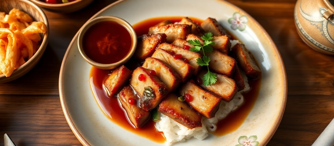 Thit Heo Ap Chao Ngu Vi voi Sot Luu (Pan-Seared Five-Spice Pork with Pomegranate Dipping Sauce)
