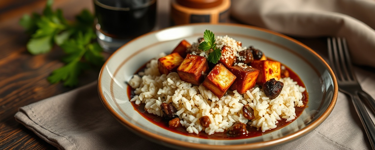 Tofu en Salsa Negra Sous-Vide con Arroz y Plátano Maduro
