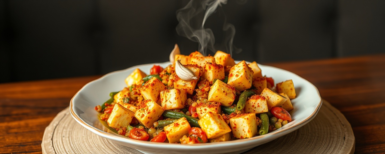 Tofu Fumado com Migas de Broa e Verduras à Lagareiro