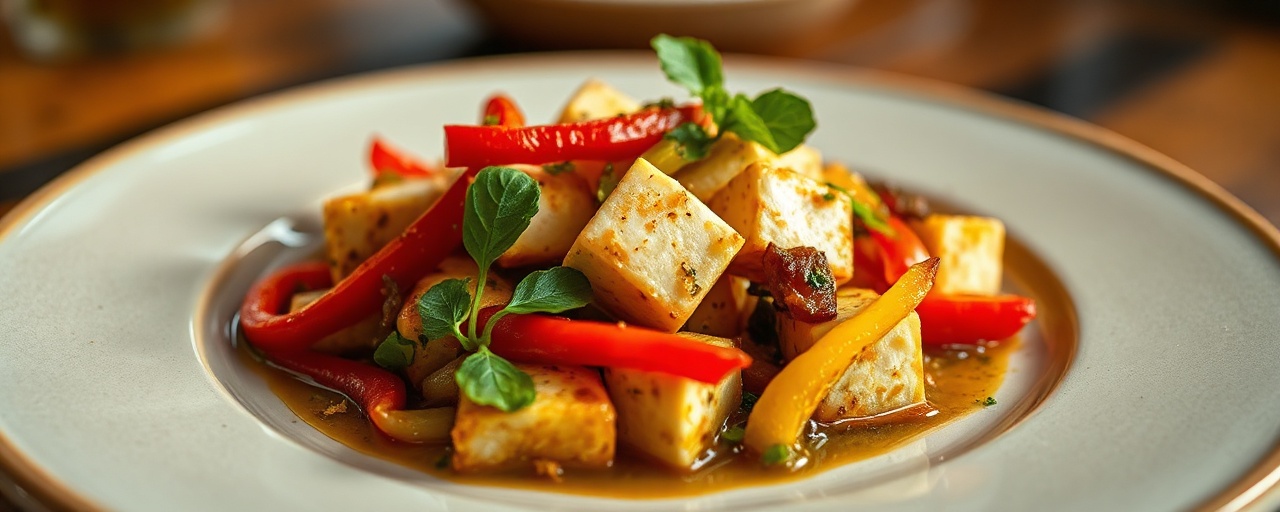 Tofu Salteado ao Azeite de Dendê com Vegetais Tropicais