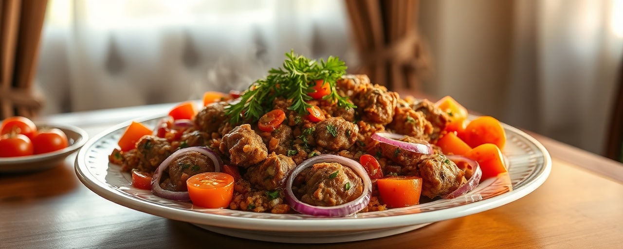 Uzbek "Seitan Kovurma" with Cured Red Onion and Tomato Salad
