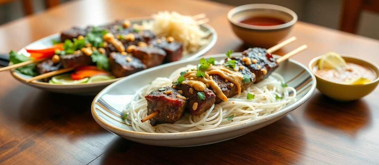 Vietnamese Harissa Beef Skewers with Vermicelli and Peanut Sauce