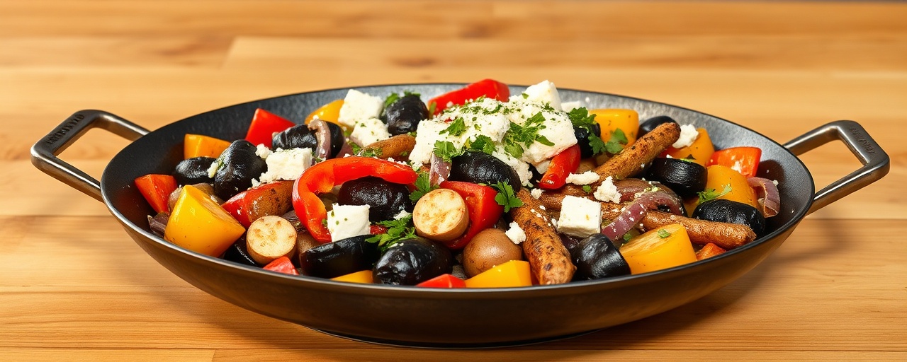 Wok-Tossed Greek Eggplant and Pepper Skillet with Feta