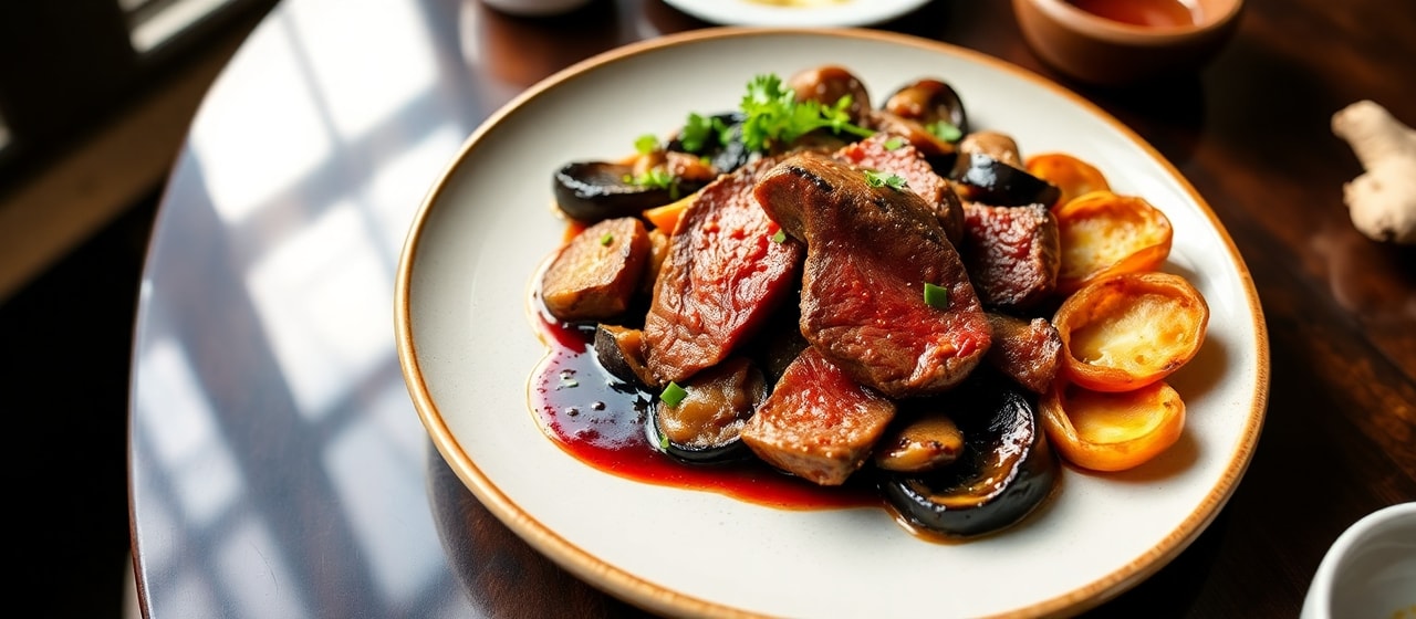Wok-Tossed Harissa-Miso Wagyu with Glazed Eggplant