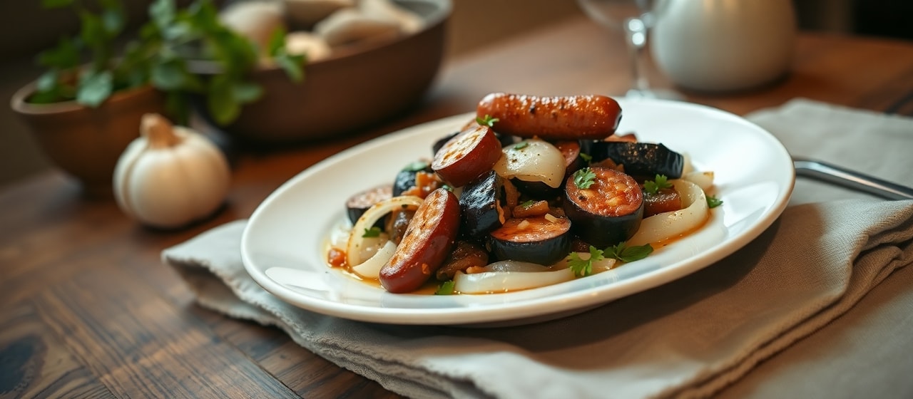 Wok-Tossed Hungarian Eggplant with Smoked Sausage