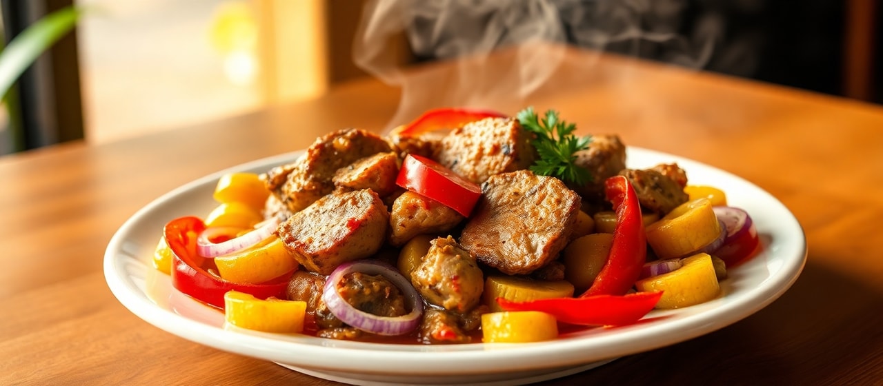 Wok-Tossed Lomo con Granada y Plátano Maduro