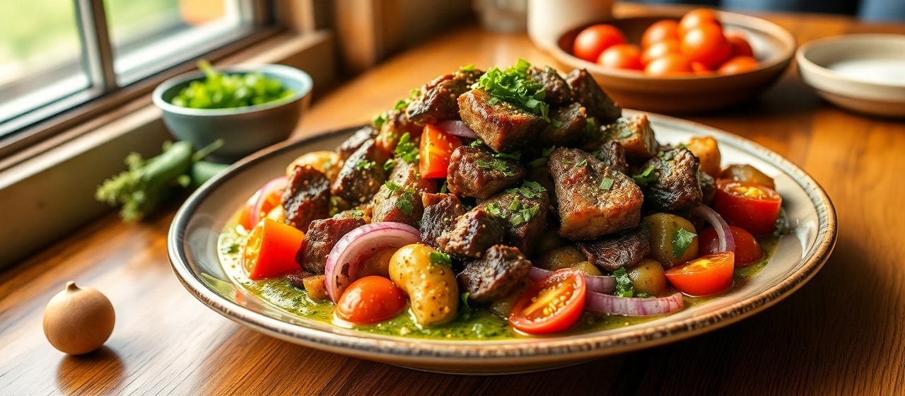 Wok-Tossed Peruvian Lomo with Sumac-Kissed Potatoes and Creamy Aji Verde