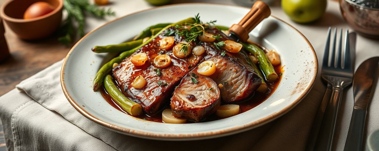 Wok-Tossed Pork Belly with Calvados-Apple Glaze and Haricots Verts