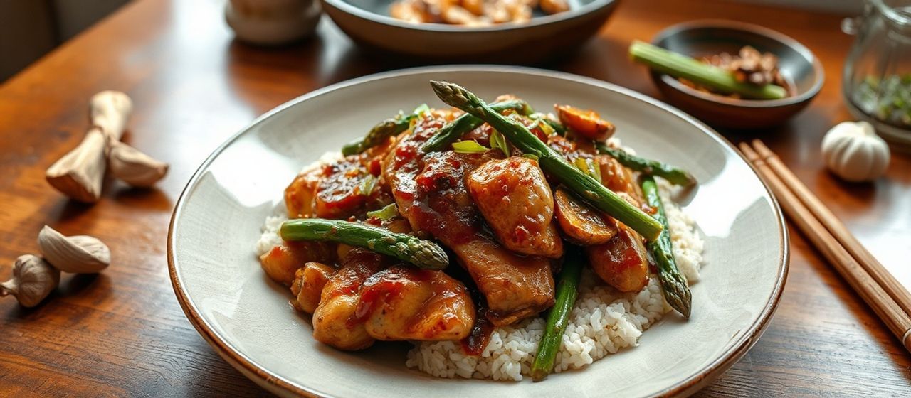 Wok-Tossed Tamarind Glazed Chicken with Asparagus and Shiitake