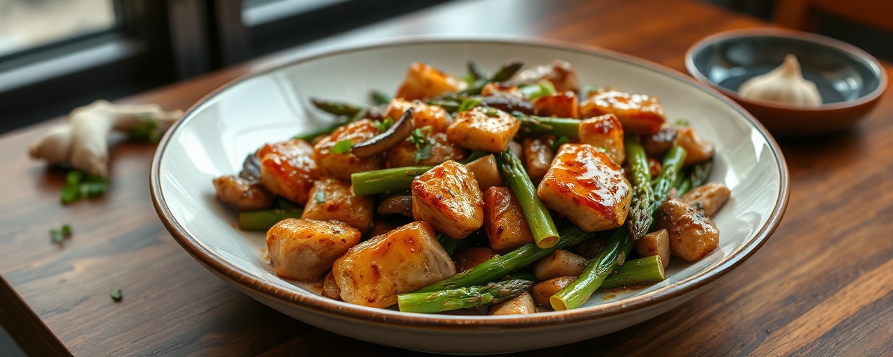 Wok-Tossed Tamarind Glazed Chicken with Asparagus and Shiitake