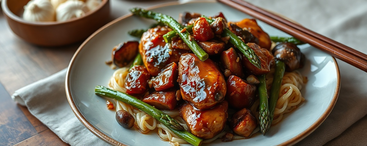 Wok-Tossed Tamarind Glazed Chicken with Asparagus and Shiitake