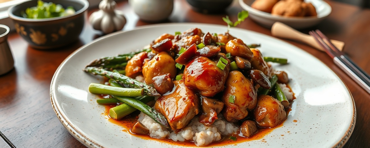 Wok-Tossed Tamarind Glazed Chicken with Asparagus and Shiitake