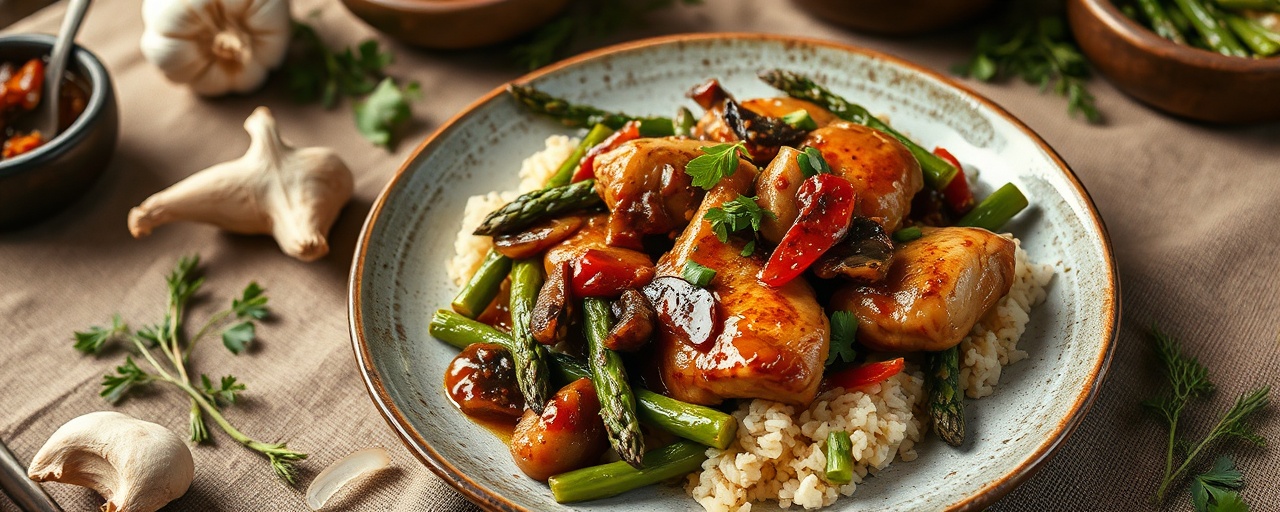 Wok-Tossed Tamarind Glazed Chicken with Asparagus and Shiitake