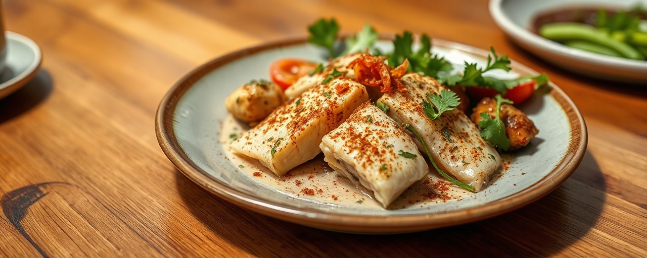 Ye-Asa Qimem Qelb (Spiced Fish Cure) with Tahini Teselate (Tahini Dressing)