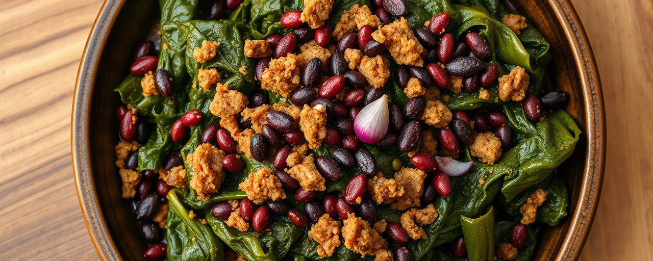 Ye'Abesha Gomen Be'Black Garlic Firfir (Steamed Collard Greens with Black Garlic Lentil Crumbles)