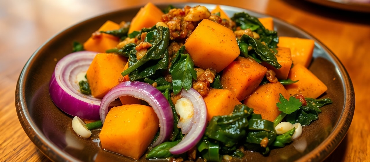 Ye'dinich Gomen Wok Tibs (Ethiopian Sweet Potato & Collard Green Stir-Fry)