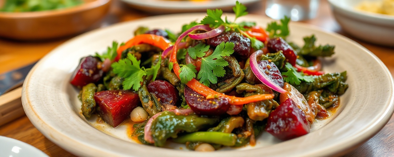 Ye'Qey Sir Gomen Tibs be'Dinbilal ba'Kurumba (Red Beetroot and Collard Green Stir-fry with Cilantro and Coconut Milk)