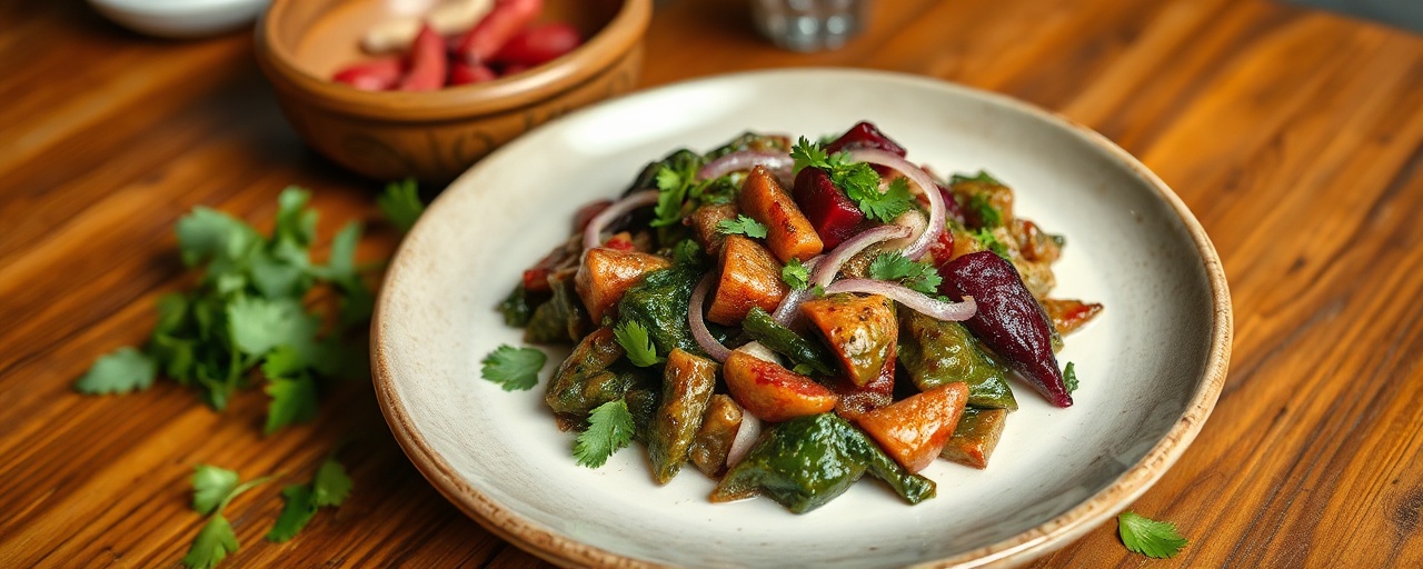 Ye'Qey Sir Gomen Tibs be'Dinbilal ba'Kurumba (Red Beetroot and Collard Green Stir-fry with Cilantro and Coconut Milk)