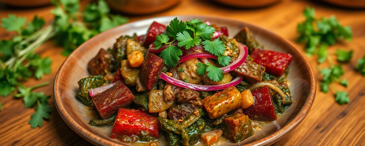 Ye'Qey Sir Gomen Tibs be'Dinbilal ba'Kurumba (Red Beetroot and Collard Green Stir-fry with Cilantro and Coconut Milk)