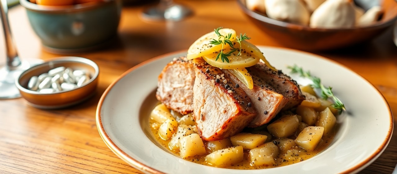Zitronengras-Gepökeltes Schweinebauch mit Apfel-Kümmel Kraut